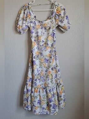 Just Found Purple Floral Open Back Cottage Midi Dress Size Medium